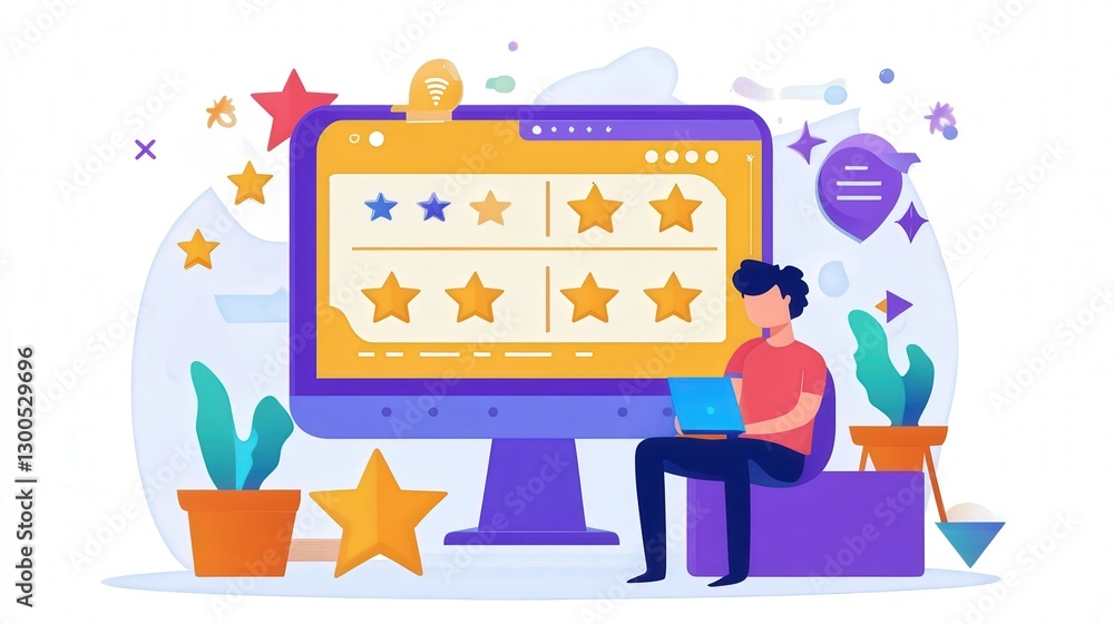 Poster digital feedback platform where clients rate services with five stars and leave reviews that impact 