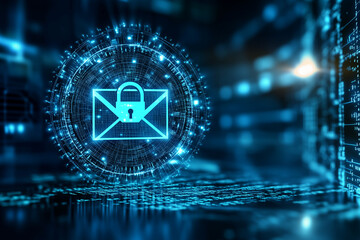 3D encrypted email icon with a glowing lock symbol floating above a digital envelope with copy space. Soft blue lighting. 