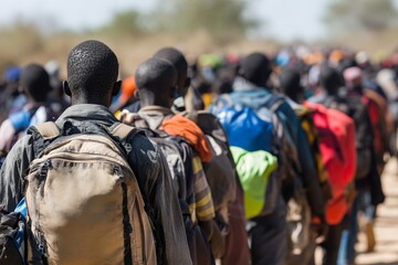 A large group of people walk in a single long