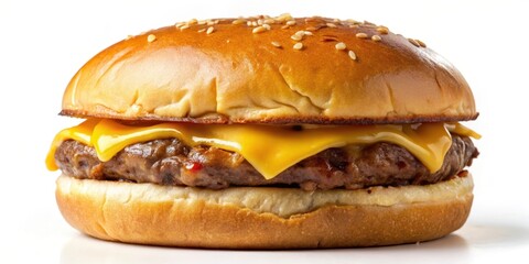 A juicy beef burger with melted cheese on a toasted bun, sitting alone on a plain white background , isolated object, food photography