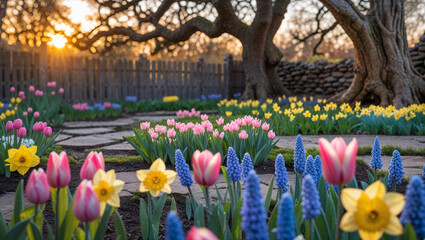 A tranquil flower garden glows with vibrant tulips and daffodils at sunset, creating a scenic view.