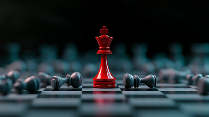 striking red queen chess piece stands tall amidst fallen pawns, symbolizing victory and strategy in game of intellect