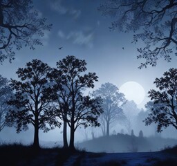 Opaque, high-contrast damask design featuring black silhouettes of trees against a deep blue, mystical landscape,  blue,  misty,  gothic