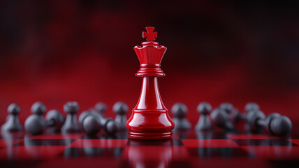 central red queen chess piece stands victorious among gray pawns, symbolizing triumph and strategy in game of chess