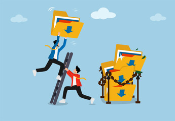 Businessmen Move storage folders for document archives, document ideas, file administration, and document file grouping into archive folders. Document discovery ideas or compression or online security