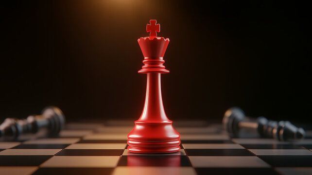 striking red queen chess piece stands prominently on black and white chessboard, symbolizing strategy and power