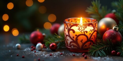 Ornamented glass votive surrounded by festive decorations, decor, winter