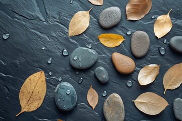 Natural Stones and Autumn Leaves on Slate Background Aesthetic