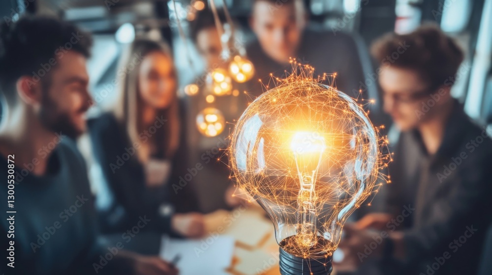 Poster light bulb with network connection lines illuminating coworkers having a productive brainstorming se
