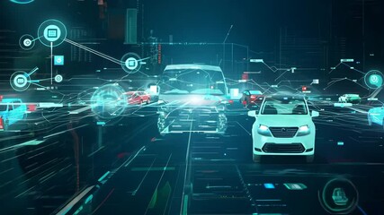 Graphical visualization of the self-driving vehicles navigate a digitally enhanced road - Powered by Adobe