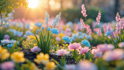 Obraz premium A vibrant flower meadow bathed in sunlight showcases a variety of pastel blooms creating a colorful spectacle.