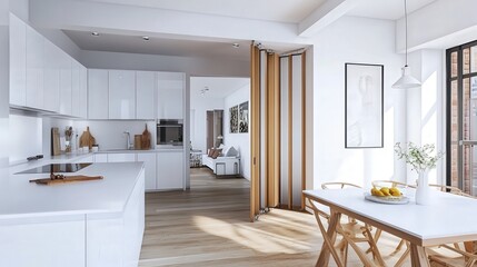 Fototapeta premium open kitchen space with white countertops, a folding screen near a white wall, offering flexibility while maintaining an airy and uncluttered environment