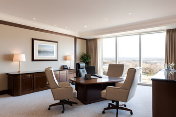 Fototapeta premium Executive Office: A sophisticated workspace featuring a dark wood desk, light-colored chairs, a scenic view, and tasteful decor for professional meetings and work.