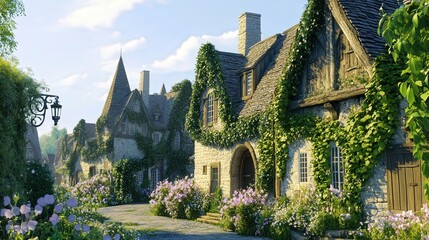 Fototapeta premium fairytale-inspired village where ivy-covered cottages bloom in spring.