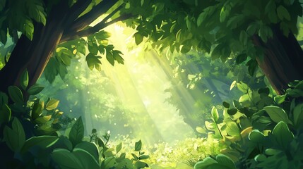 fairytale-like forest where sunlight filters through fresh green leaves