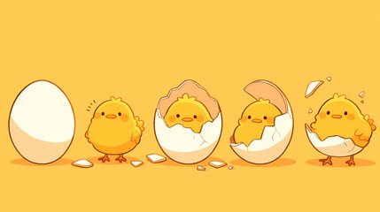 Cute cartoon chicks hatching from eggs against a bright yellow background, symbolizing new beginnings