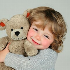 Child Hugging A Favorite Stuffed Animal Toy Tightly With A Bright Smile On Their Face