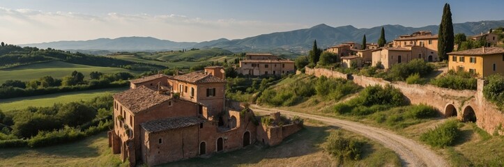 Obraz premium Rolling Tuscan Hills and Ancient Villages at Dawn. Italy Landscape Panorama