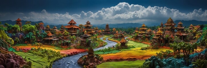 Tropical Village Pagodas Serenity Landscape View Over River Under Clouds and Sky