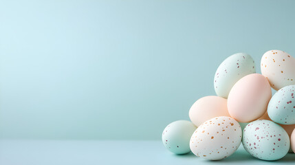 Speckled pastel Easter eggs stacked together on a soft blue background. Perfect for seasonal branding, modern compositions, and creative photography. Selective focus