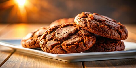 Obraz premium Silhouetted chocolate cookies, homemade and delicious, showcased on a white plate.