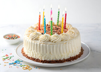 A delicious frosted birthday cake with vibrant lit candles, ideal for greeting cards, bakery branding, and celebration themes. White background