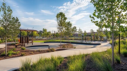 park with green spaces, outdoor sports courts, and shaded walking paths that enhance the community well-being.