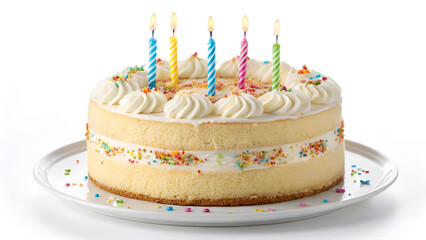 A delicious frosted birthday cake with vibrant lit candles, ideal for greeting cards, bakery branding, and celebration themes. White background
