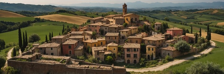 Fototapeta premium Village Italy View. Rolling Hills and Charming Houses in Rural Setting.