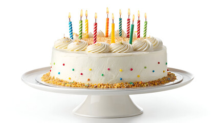 A delicious frosted birthday cake with vibrant lit candles, ideal for greeting cards, bakery branding, and celebration themes. White background
