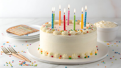 A delicious frosted birthday cake with vibrant lit candles, ideal for greeting cards, bakery branding, and celebration themes. White background