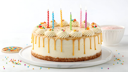 A delicious frosted birthday cake with vibrant lit candles, ideal for greeting cards, bakery branding, and celebration themes. White background