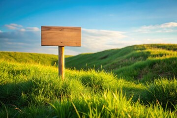Simple grassy hill, scenic view, minimalist signpost points the way. Rural tranquility captured.