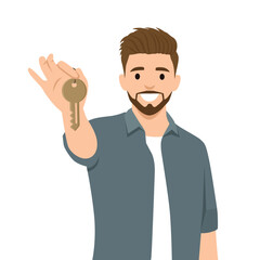 Cheerful man holds up a key, symbolizing homeownership, success, or a fresh start. Flat vector illustration isolated on white background