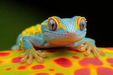 a detailed macro photograph of an emerald day gecko perfectly camouflaged against a vibrant tropical leaf showing intricate scales and patterns