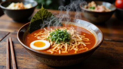 Delicious Bowl of Hot Ramen with Egg and Fresh Herbs on Rustic Wooden Table