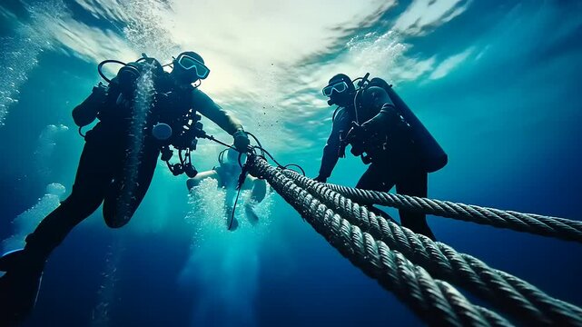 Three divers exploring underwater, gripping a thick rope with sunlight filtering through water
