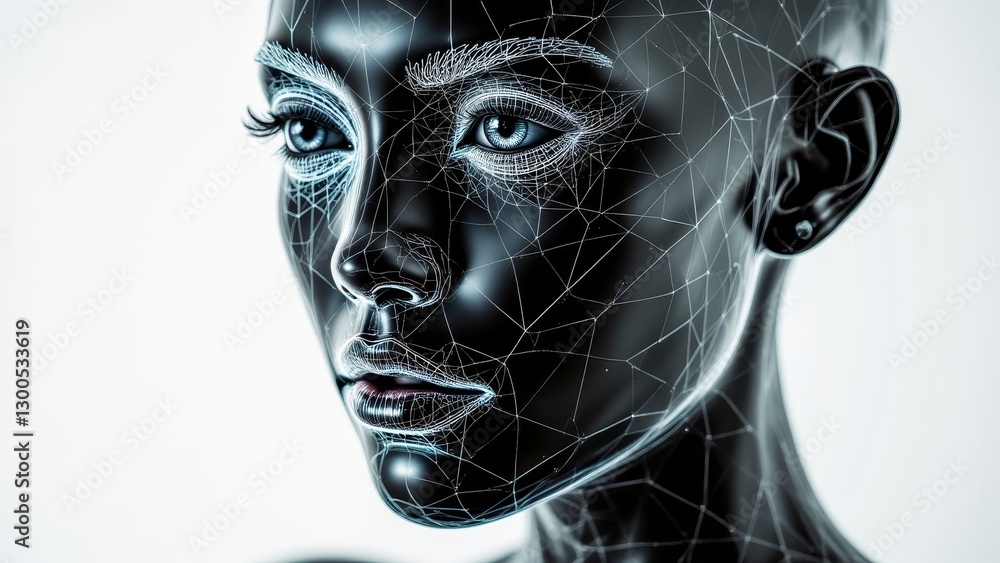 Poster futuristic model with geometric wireframe overlay and realistic facial features