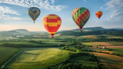 Obraz premium Colorful hot air balloons floating over a green landscape with mountains in the background.