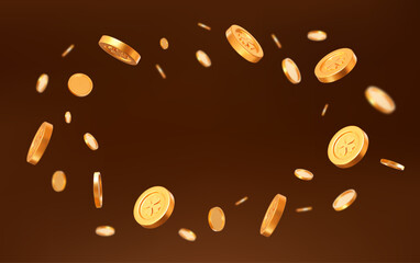 3d flying golden coins with clover leaves. St. Patrick's Day shiny element. Rich or casino luck concept. Precious expensive treasure. Stock vector illustration on brown isolated background.	
