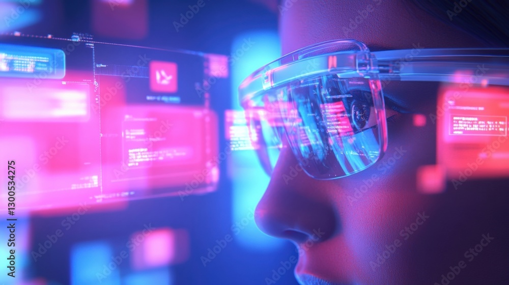 Poster close up of software engineer wearing transparent augmented reality glasses, interacting with hologr