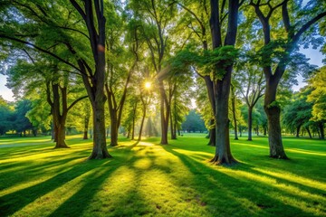 Obraz premium Summer park serenity: lush greenery offers cool shade on a vibrant day.