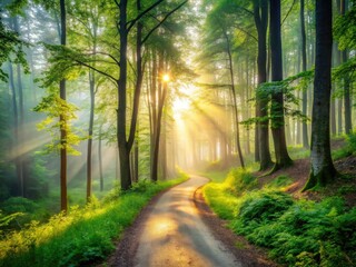 Obraz premium Sun-dappled path winds through mist-shrouded summer woods, minimalist serenity.