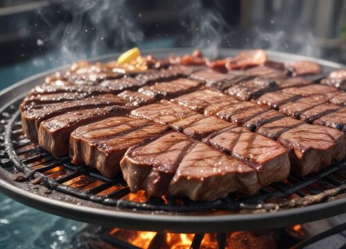 Close-up of grilled meat juices dripping onto plate amidst a pool of sizzling fat and smoke, grillen,  feuer