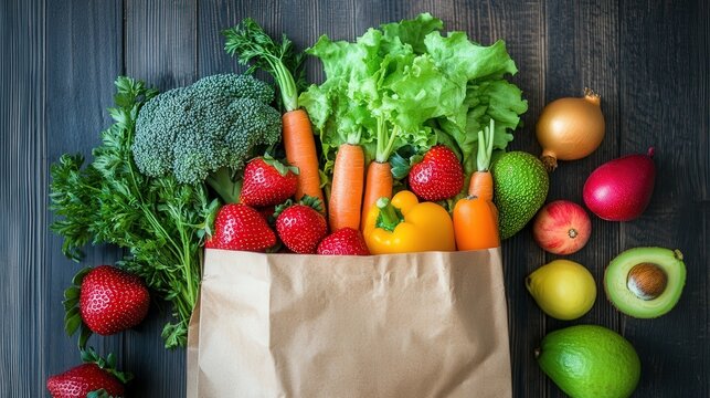 grocery bag placed in the center, bursting with vibrant, fresh fruits and vegetables like strawberries, lettuce, carrots, and avocados.