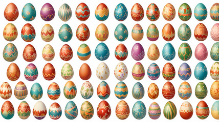Easter artistry collection featuring baskets of vibrant hand-painted eggs in exquisite designs, perfectly isolated on a white background 