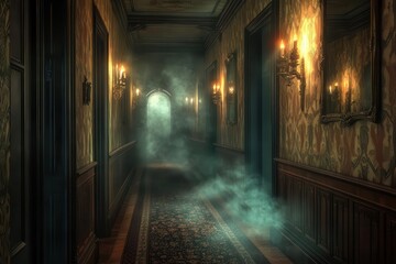 a dimly lit victorian hallway with antique mirrors mysterious shadows and ethereal mist creeping along ornate wallpaper