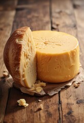 Crusty wheel of aged cheddar cheese on wooden table ,  cheddar,  aged