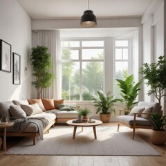 Cozy Scandinavian living room with a plush couch and minimalist decor featuring natural wood accents and plenty of greenery ,  soft furnishings,  natural light