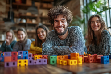 In a warm and inviting environment, coworkers engage enthusiastically in a collaborative activity, smiling and laughing. Colorful blocks are spread across the table, fostering teamwork and creativity